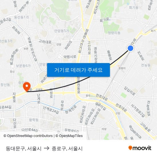 동대문구, 서울시 to 종로구, 서울시 map