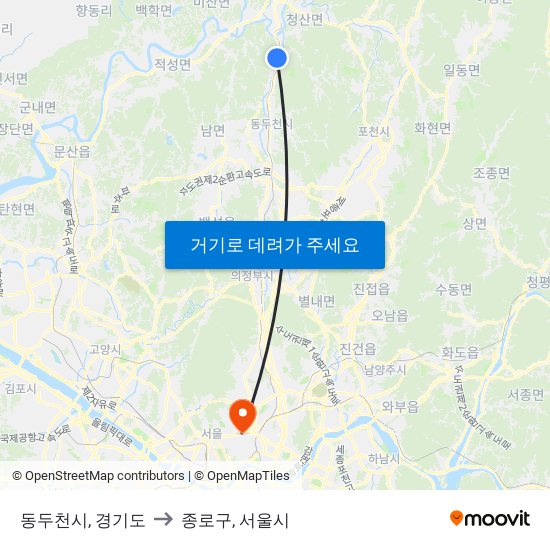 동두천시, 경기도 to 종로구, 서울시 map
