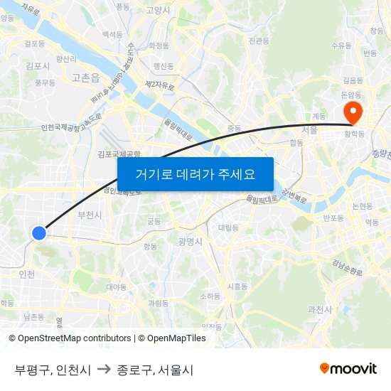 부평구, 인천시 to 종로구, 서울시 map