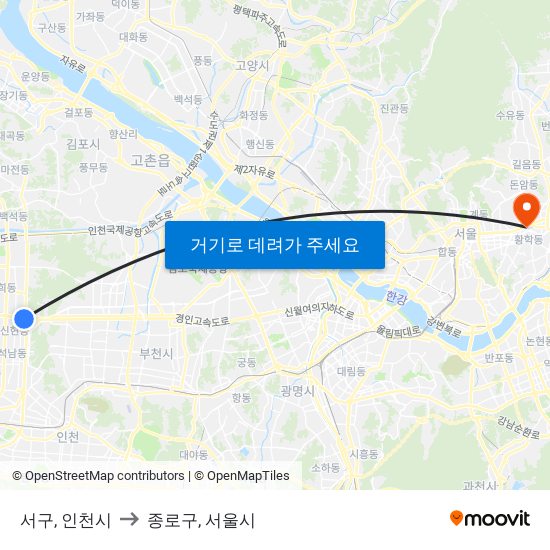 서구, 인천시 to 종로구, 서울시 map