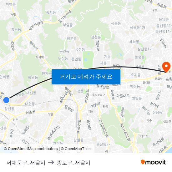 서대문구, 서울시 to 종로구, 서울시 map