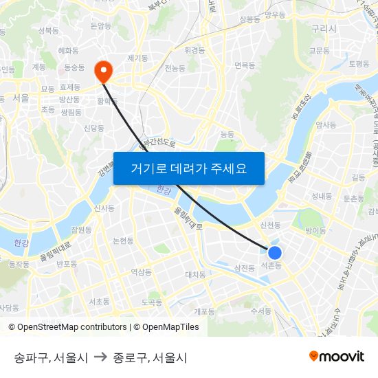 송파구, 서울시 to 종로구, 서울시 map
