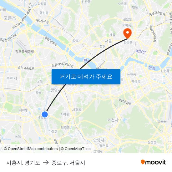 시흥시, 경기도 to 종로구, 서울시 map