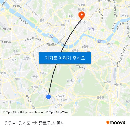 안양시, 경기도 to 종로구, 서울시 map