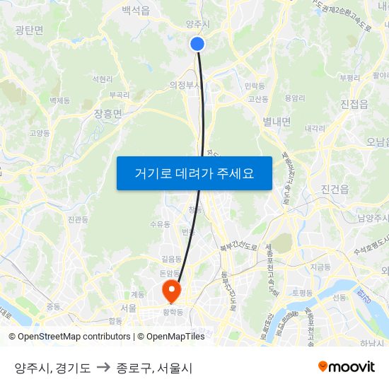 양주시, 경기도 to 종로구, 서울시 map