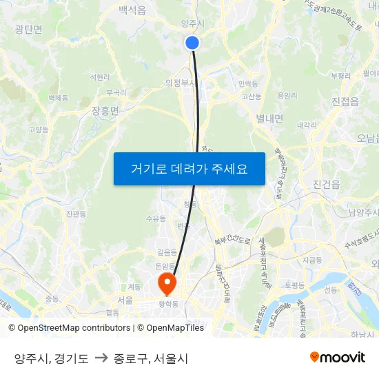 양주시, 경기도 to 종로구, 서울시 map