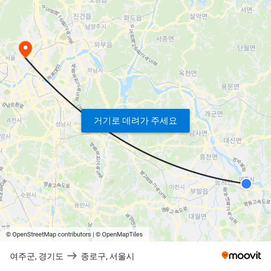 여주군, 경기도 to 종로구, 서울시 map