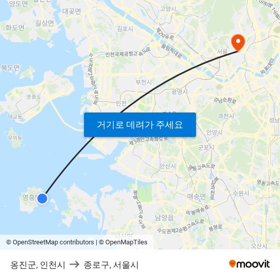 옹진군, 인천시 to 종로구, 서울시 map