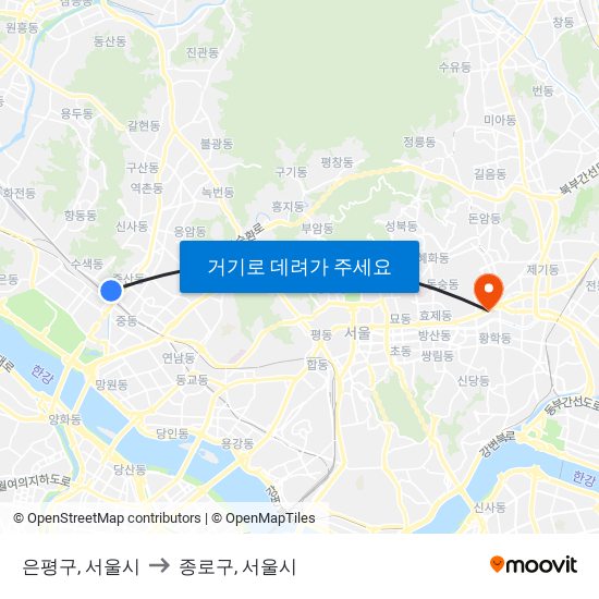 은평구, 서울시 to 종로구, 서울시 map