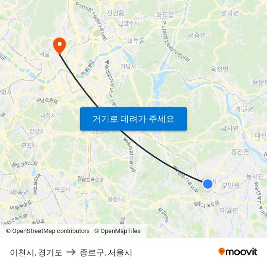 이천시, 경기도 to 종로구, 서울시 map