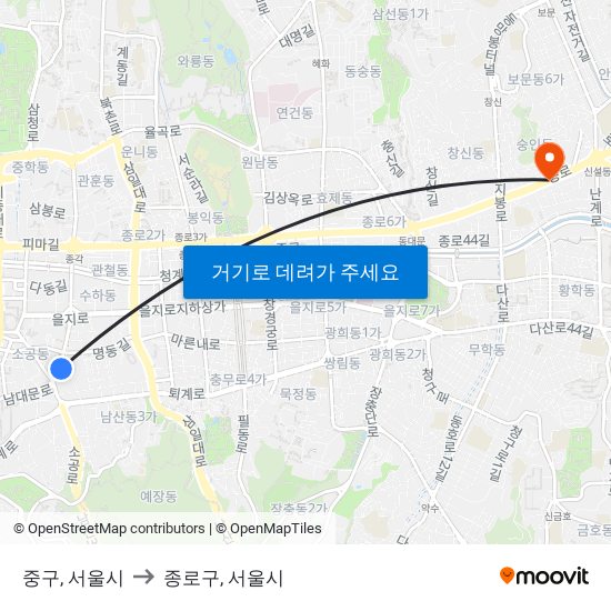 중구, 서울시 to 종로구, 서울시 map