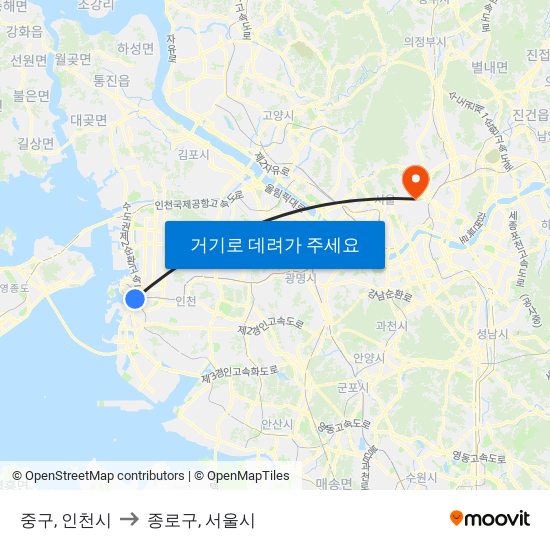 중구, 인천시 to 종로구, 서울시 map