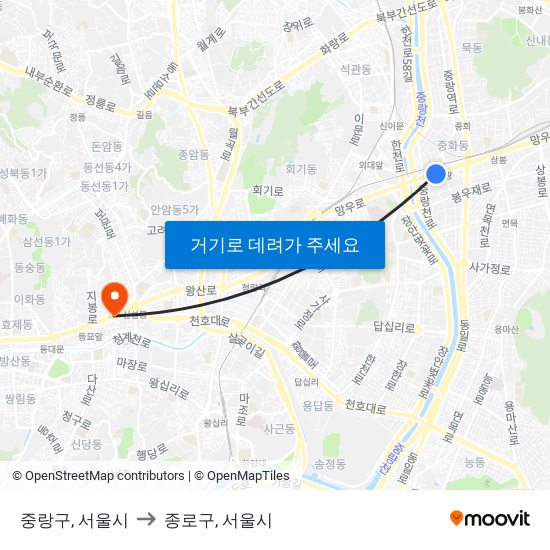 중랑구, 서울시 to 종로구, 서울시 map