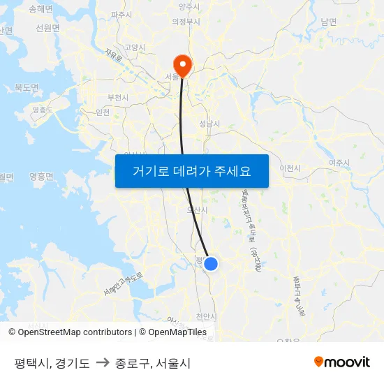 평택시, 경기도 to 종로구, 서울시 map