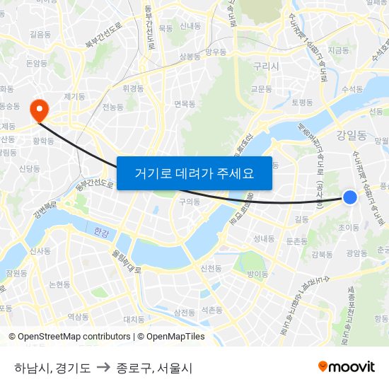 하남시, 경기도 to 종로구, 서울시 map