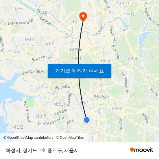 화성시, 경기도 to 종로구, 서울시 map