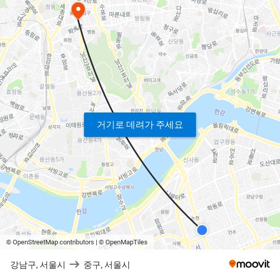 강남구, 서울시 to 중구, 서울시 map