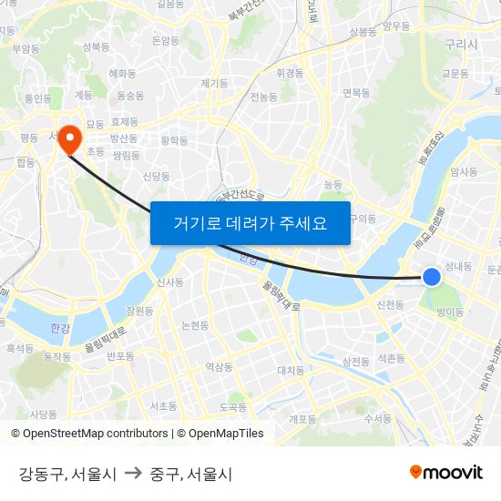 강동구, 서울시 to 중구, 서울시 map