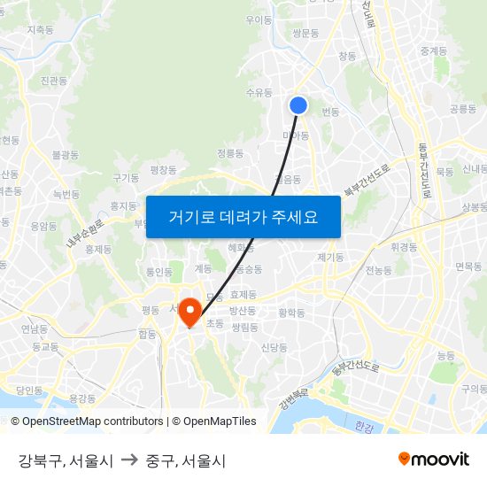 강북구, 서울시 to 중구, 서울시 map
