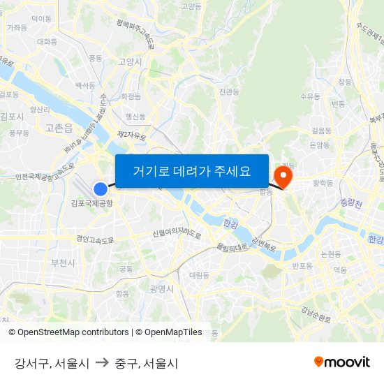 강서구, 서울시 to 중구, 서울시 map