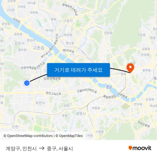 계양구, 인천시 to 중구, 서울시 map