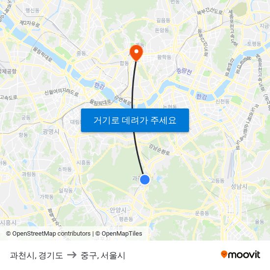 과천시, 경기도 to 중구, 서울시 map