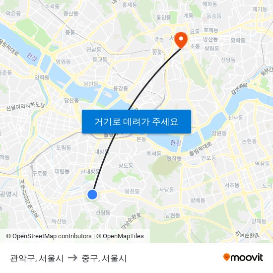 관악구, 서울시 to 중구, 서울시 map