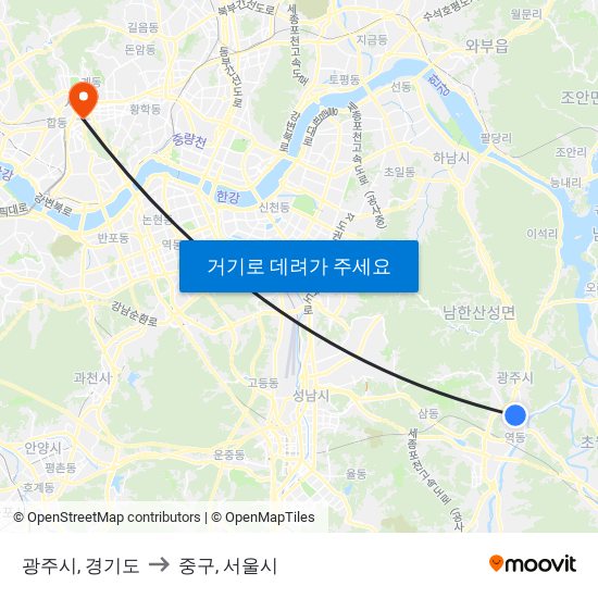 광주시, 경기도 to 중구, 서울시 map