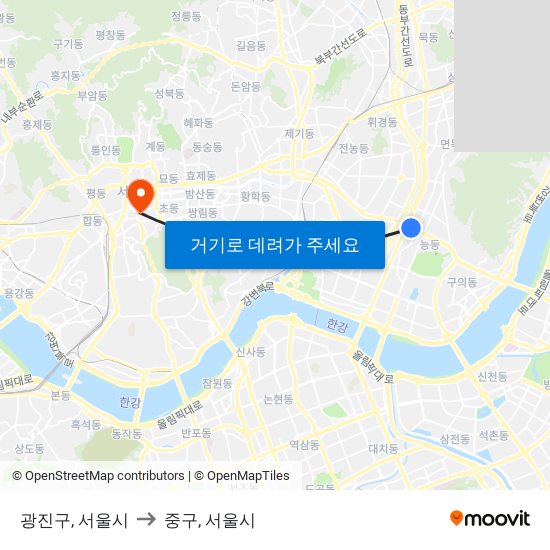 광진구, 서울시 to 중구, 서울시 map