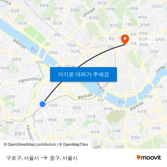 구로구, 서울시 to 중구, 서울시 map