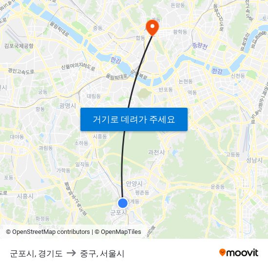 군포시, 경기도 to 중구, 서울시 map