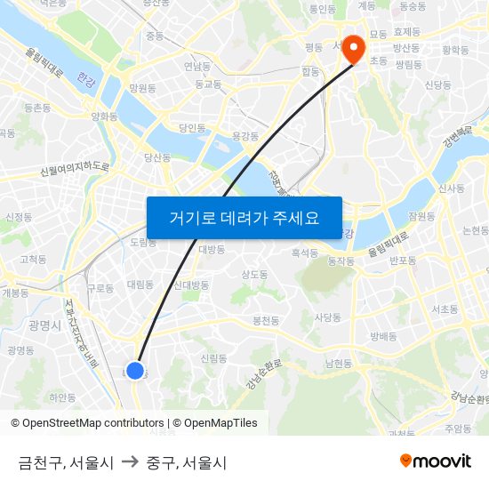 금천구, 서울시 to 중구, 서울시 map