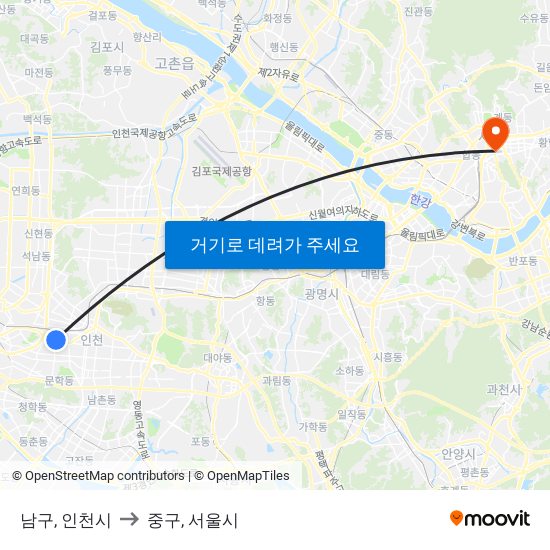 남구, 인천시 to 중구, 서울시 map