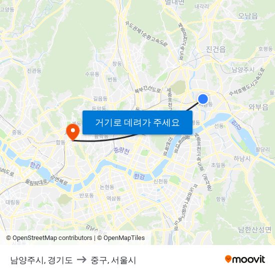 남양주시, 경기도 to 중구, 서울시 map