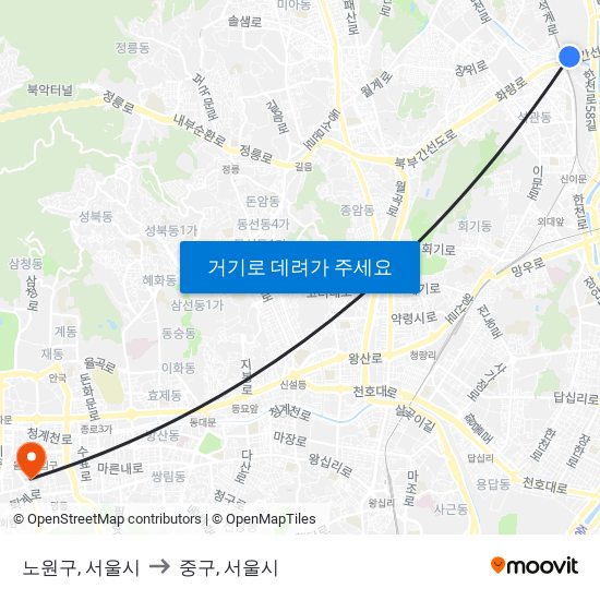 노원구, 서울시 to 중구, 서울시 map