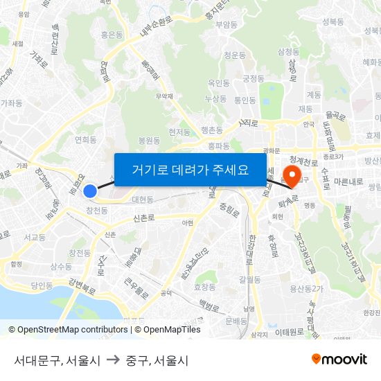 서대문구, 서울시 to 중구, 서울시 map