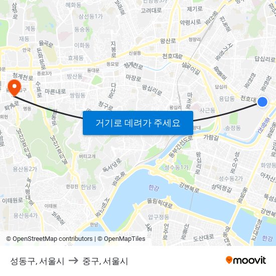 성동구, 서울시 to 중구, 서울시 map