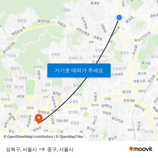 성북구, 서울시 to 중구, 서울시 map