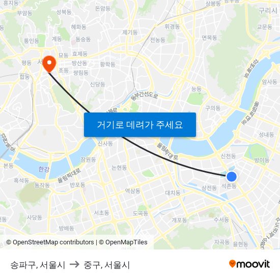 송파구, 서울시 to 중구, 서울시 map