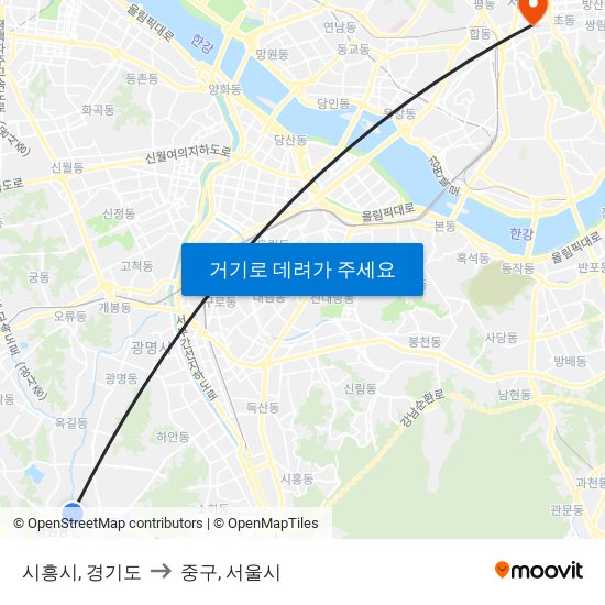 시흥시, 경기도 to 중구, 서울시 map
