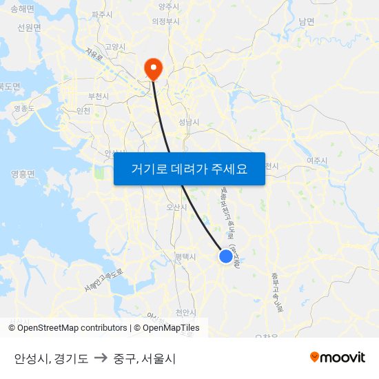 안성시, 경기도 to 중구, 서울시 map
