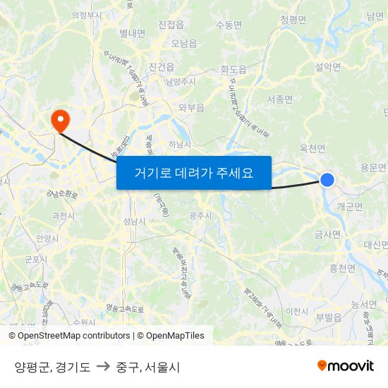 양평군, 경기도 to 중구, 서울시 map