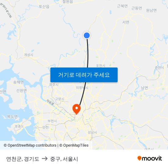 연천군, 경기도 to 중구, 서울시 map