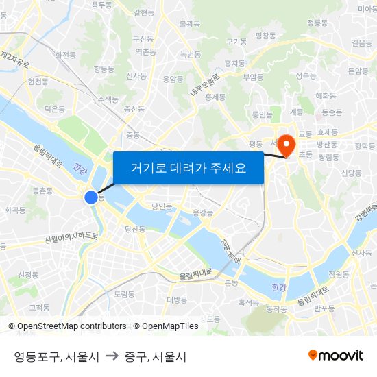 영등포구, 서울시 to 중구, 서울시 map