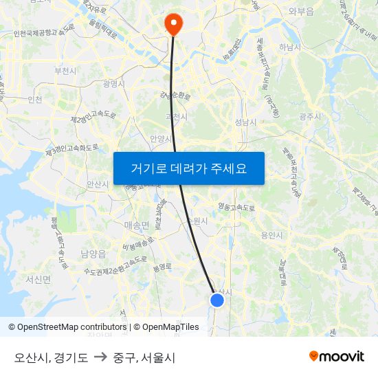 오산시, 경기도 to 중구, 서울시 map