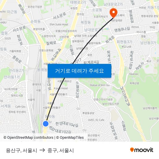 용산구, 서울시 to 중구, 서울시 map