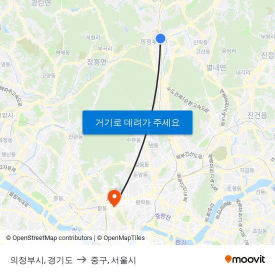 의정부시, 경기도 to 중구, 서울시 map