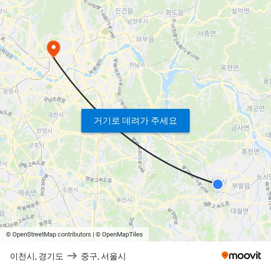 이천시, 경기도 to 중구, 서울시 map