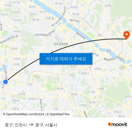 중구, 인천시 to 중구, 서울시 map