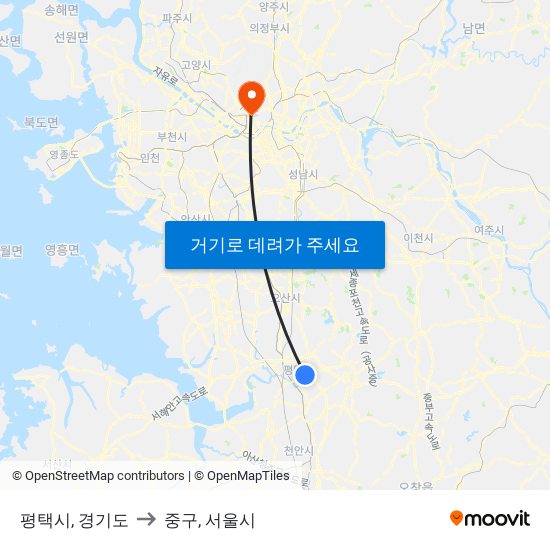 평택시, 경기도 to 중구, 서울시 map